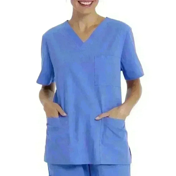 NWT Scrubstar Unisex V-Neck Scrub Top Size L 3-Pocket 2-Way Stretch Ciel Blue - Picture 1 of 10